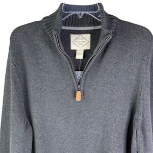 Charcoal Gray 1/4 Zip Sweater Close Knit Weave Ribbed Sleeves & Hem Size Large